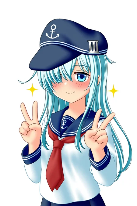 higurashiog, kantai collection, hibiki \(kancolle\), 1girl, anchor symbol, blue eyes, blue hair, blue hat, blue sailor collar, blush, double v, flat cap, hair over one eye, hands up, hat, hat pin, long hair, long sidelocks, long sleeves, looking at viewer, neckerchief, red neckerchief, sailor collar, sidelocks, simple background, smile, solo, sparkle, twitter username, upper body, v, watermark, white background, 
(masterpiece, best quality, absurdres, highres), very awa, 