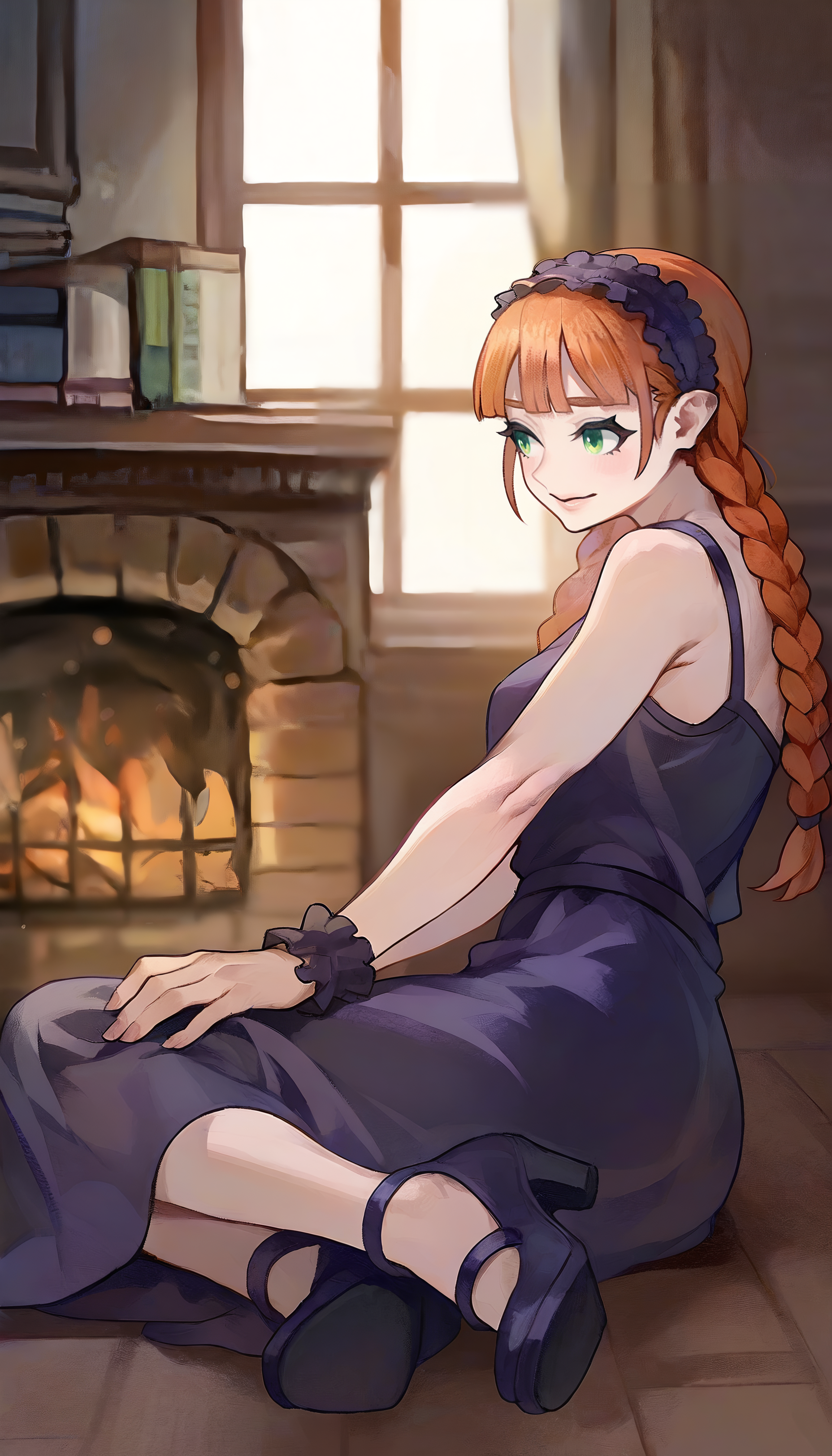 masterpiece,best quality,amazing quality,
<lora:yunifiiNAI:1>,yunifi,
1girl,solo,
orange hair,bangs,twin braids,
green eyes,
purple hairband,purple slip dress,purple cuffs,purple strappy heels,
sitting,from side,on floor,sitting sideways,
indoors,wooden,fireplace,window,
blurry background,depth of field,soft lighting,light particles,
