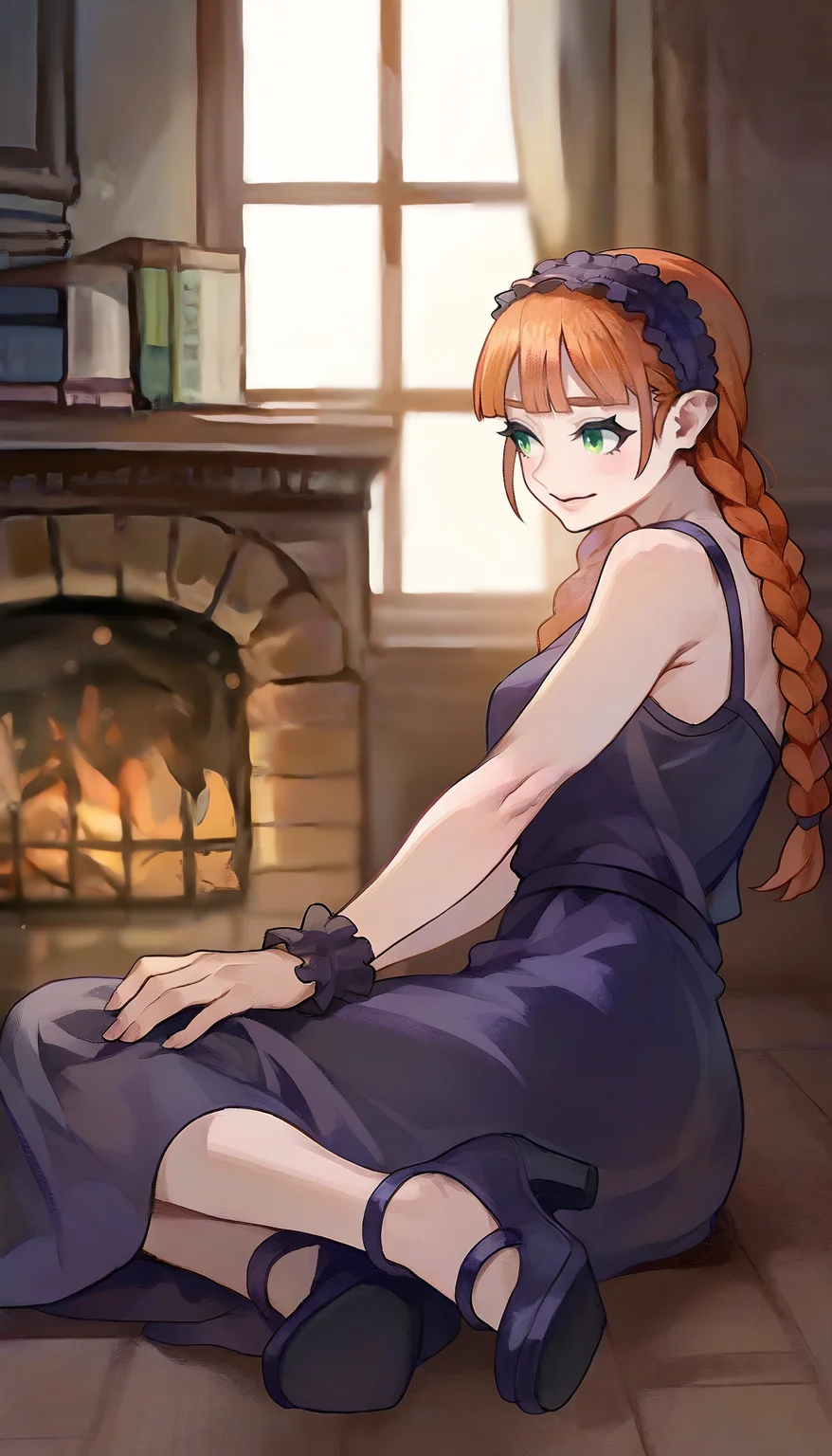 masterpiece,best quality,amazing quality,
<lora:yunifiiNAI:1>,yunifi,
1girl,solo,
orange hair,bangs,twin braids,
green eyes,
purple hairband,purple slip dress,purple cuffs,purple strappy heels,
sitting,from side,on floor,sitting sideways,
indoors,wooden,fireplace,window,
blurry background,depth of field,soft lighting,light particles,