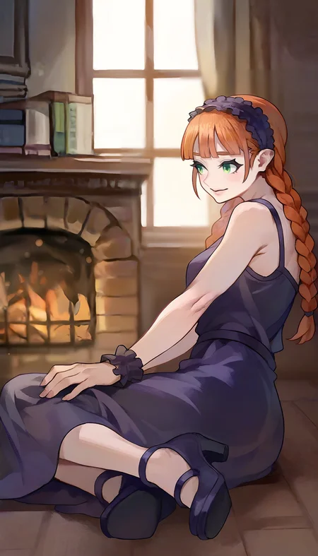 masterpiece,best quality,amazing quality,
<lora:yunifiiNAI:1>,yunifi,
1girl,solo,
orange hair,bangs,twin braids,
green eyes,
purple hairband,purple slip dress,purple cuffs,purple strappy heels,
sitting,from side,on floor,sitting sideways,
indoors,wooden,fireplace,window,
blurry background,depth of field,soft lighting,light particles,
