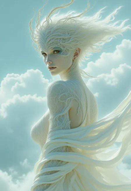This artwork portrays a captivating female tree nymph with a soft, ethereal glow, standing against a bright, minimalist sky backdrop that exudes calm serenity. Her form is adorned in a delicately crafted ensemble, consisting of a light, translucent outfit in pale ivory hues. The design appears organic and nature-inspired, with delicate tendrils that resemble leaves or vines winding along the edges of her attire, further enhancing the ethereal aesthetic. Her toned physique is softly lit, the subtle play of light and shadow emphasizing her busty curves and athletic elegance and her light blue, spotted skin. The top is a unique take on a see-through minimal bra-like garment, held up by graceful, vine-like straps that frame her shoulders. The lower half of her ensemble flows in a sheer fabric, accentuated by carefully tied cords that create a sense of fluidity and weightlessness, as though she is part of the natural world around her. The subject's expression holds a quiet intensity. Her amber eyes meet the viewer with both curiosity and a hint of challenge, while her dark blue, slightly parted lips suggest a contemplative mood. Her short, layered hair frames her face in a simple, yet striking manner, and small feather-like details dangle near her neck and shoulders, lending a whimsical touch. The background is a clean white and blue cloudy softness mirrors the gentle purity of the subject, drawing attention to her as the central focal point.detailed