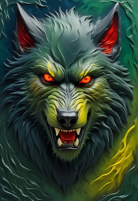 Eerie Portrait of a Werewolf, Abstract Satin Texture, Gradients of Midnight Blue, Forest Green, and Fiery Red, Piercing Yellow Eyes, Fur in Smoky Layers, High-Gloss Finish, Capturing a Fierce and Mysterious Halloween Vibe