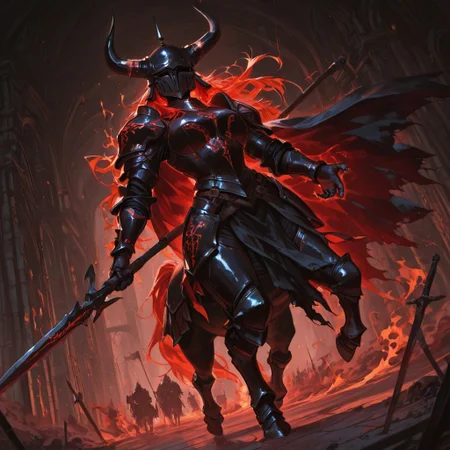 lazypos, (masterpiece), (best quality), (ultra-detailed), amazing quality, very aesthetic, painterly, illustration, newest, full body, colorful, vibrant, riding a warhorse, charging into battle, fighting enemies, dramatic pose, dramatic angle, (oil painting:1.5), cinematic lighting, <lora:Avarice:1>, edgeofavarice, avarice, glowing red runes, dark fantasy,
1girl, cape, owl_emblem_on_cape long sleeves, faulds, horned helmet, full_helmet, black and red armor, large_breasts, spiked armor, armored feet, stirrups, spiked gauntlets, spiked helmet, full_armor, full_plate_armor, horned_helmet, black_armor, spiked_shoulders, clawed_gauntlets, cursed_emblem, segmented_faulds, tattered_cape, aura_of_dread, intimidating_presence, hellish_glow, massive_blade, holding, holding weapon, halberd, battlefield_setting, heavy_armor, red hair,
Fire and smoke on the horizon, Dark skies