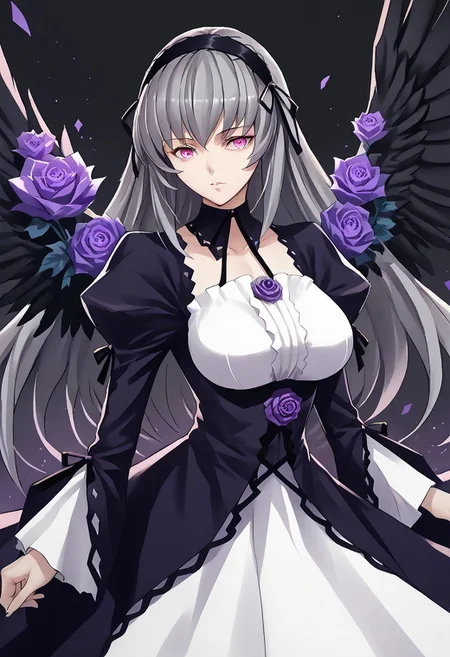 score_9, score_8_up, score_7_up, score_6_up, score_5_up, score_4_up, source_anime, solo, 1girl,
suigintou, milf, pink eyes, grey hair, long hair, hairband, black wings, huge_breast, dress, long sleeves, puffy sleeves, frills, purple rose.
masterpiece, best quality, very aesthetic, absurdres,