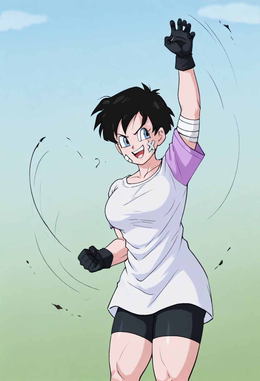1girl, videl, blue eyes, black hair, short hair, black eyes, bandage on cheek, one arm up in the air, big breasts, bandage on left arm, white shirt with purple sleeves, black biker shorts, black gloves, smile, open mouth, dynamic pose, fighting pose, slim muscular body, big thighs, canecoffy_artstyle
