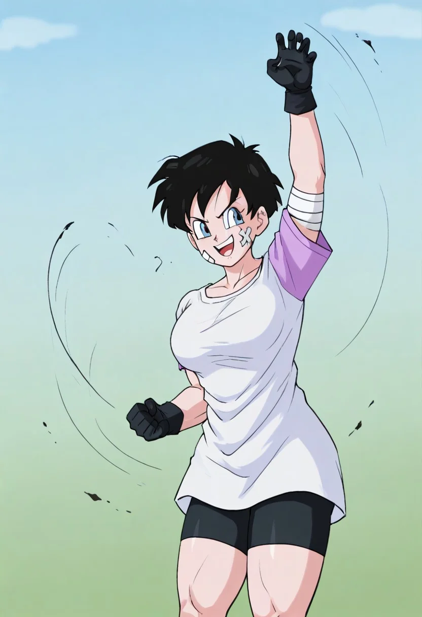 1girl, videl, blue eyes, black hair, short hair, black eyes, bandage on cheek, one arm up in the air, big breasts, bandage on left arm, white shirt with purple sleeves, black biker shorts, black gloves, smile, open mouth, dynamic pose, fighting pose, slim muscular body, big thighs, canecoffy_artstyle