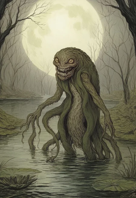 Score_9, in the style of Beatrix Potter, Cthulhu in a swamp, creepy moon