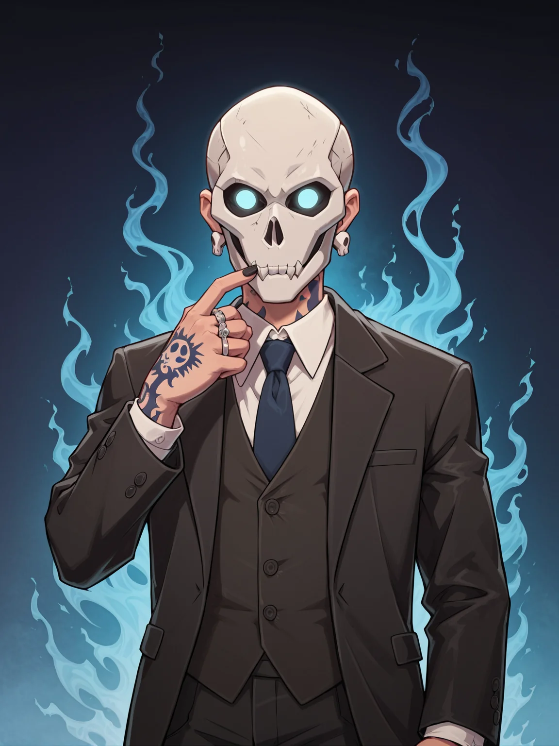 (score_9, score_8_up), score_7_up, 1boy, Highly detailed RAW color Photo, shirt, long sleeves, jewelry, jacket, upper body, earrings, necktie, collared shirt, hand up, necklace, black jacket, gradient, black nail polish, gradient background, tattoo, glowing, formal, ring, suit, cross, mask, skull mask, spikes, black suit, metallic texture, blue theme, blue fire, multiple rings, hand tattoo, simple background, dark blue background, blue theme, gorgeous details, depth perception, backlighting, photorealistic, breathtaking scenery, perfectly rendered reflections, detailed clothing,
dark lighting, dof, depth of field, realistic, dark background, CINE, blue embers, low-key,
<lora:unholy-000009:0.8> <lora:CINE-000008:0.4>
<lora:sinfully_stylish_SDKL:0.5> <lora:xl_more_art-full_v1:0.4> <lora:zavy-cntrst-sdxl:0.7> <lora:Gas_mask-000009:0.4><lora:hand 4:0.5>