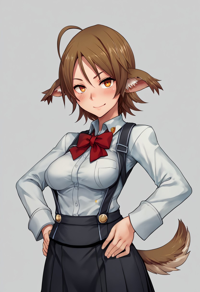 score_9, score_8_up, score_7_up, score_6_up, score_5_up, score_4_up, BREAK,  <lora:cmarket0826-sdxl-000028:1>, noa riads, 1girl, solo, breasts, blush, smile, short hair, simple background, brown hair, long sleeves, fluffy tail, ahoge, animal ears, dog ears, medium breasts,  swept bangs
shiny skin, school uniform, red bowtie, white shirt, black skirt, hands on hips, frown, blush, looking at viewer,
upper body, Eye focus
upper body