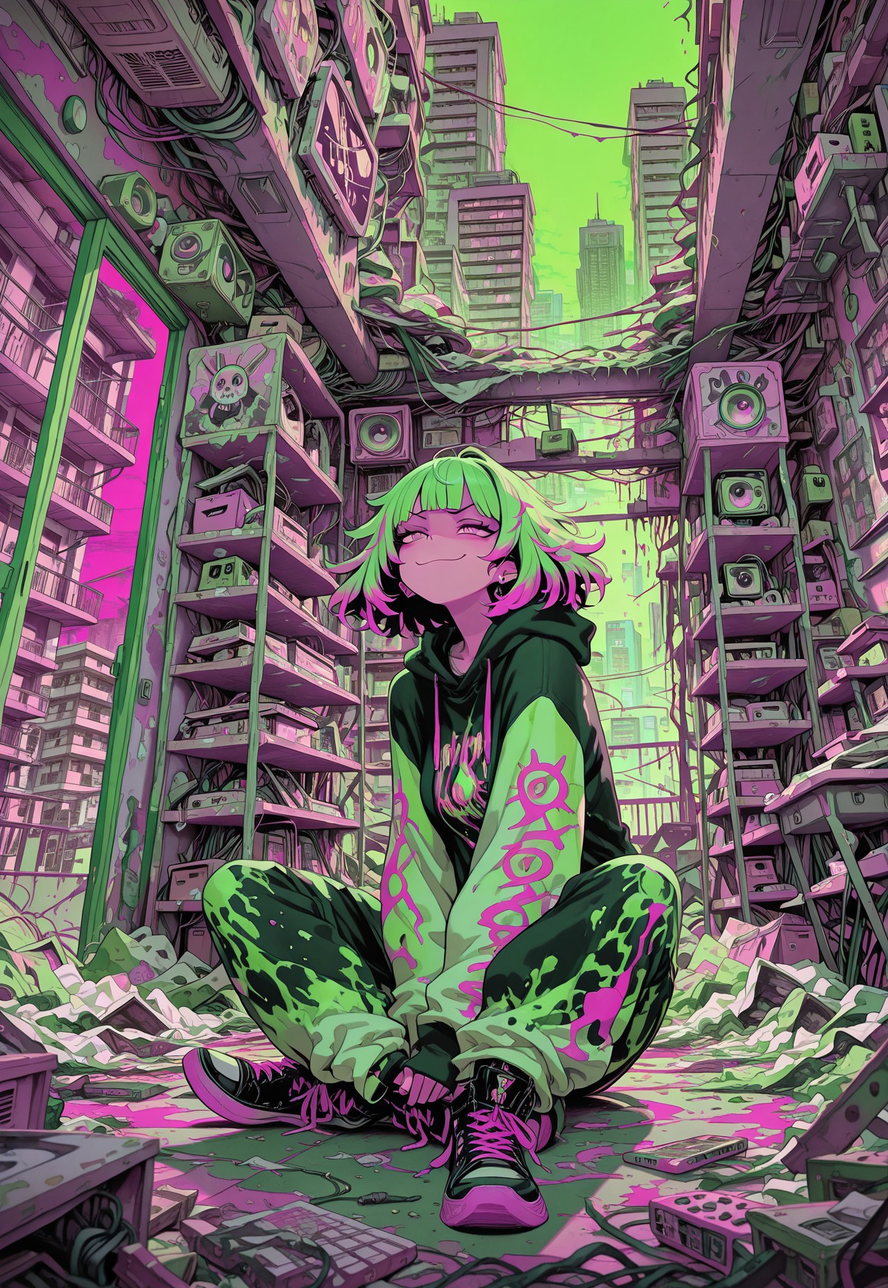 solo, sitting, on floor, indoors, looking out, messy room, loaded interior,
looking afar, smug, [cityscape, apartment],
hoodie, multicolored hair, neon green, neon pink,
masterpiece, best quality, absurdres, [dynamic pose]