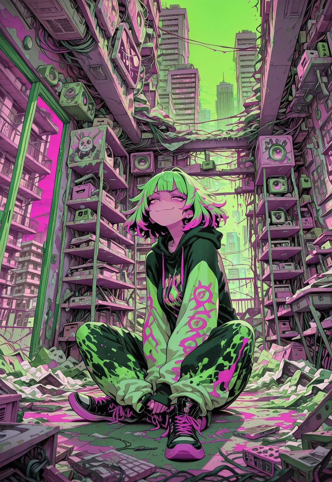 solo, sitting, on floor, indoors, looking out, messy room, loaded interior,
looking afar, smug, [cityscape, apartment],
hoodie, multicolored hair, neon green, neon pink,
masterpiece, best quality, absurdres, [dynamic pose]