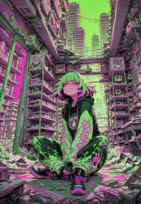 solo, sitting, on floor, indoors, looking out, messy room, loaded interior,
looking afar, smug, [cityscape, apartment],
hoodie, multicolored hair, neon green, neon pink,
masterpiece, best quality, absurdres, [dynamic pose]