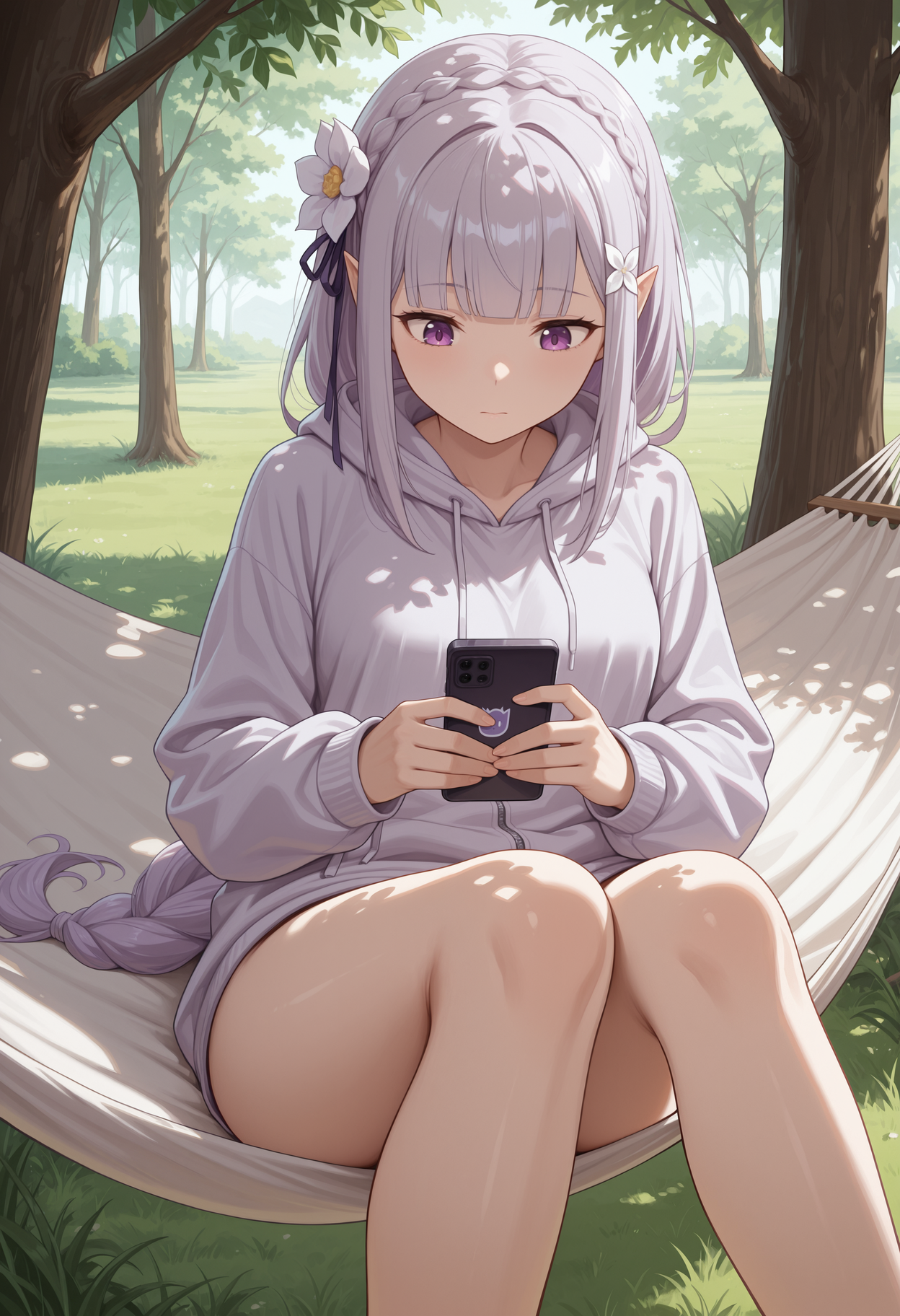 masterpiece, best quality, highres, absurdres, very awa, 1girl, solo, em1lia, pointy ears, grey hair, blunt bangs, long braid, naked hoodie, hoodie, bottomless, unzipped, hammock, on hammock, outdoors, tree, dappled sunlight, holding phone, looking at phone, looking down, smartphone, purple eyes, hair flower, purple hair ribbon, crown braid, drawstring, grass, sitting, closed mouth