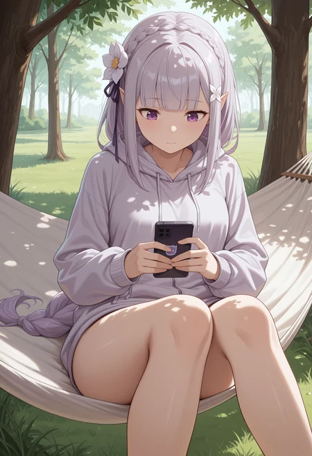 masterpiece, best quality, highres, absurdres, very awa, 1girl, solo, em1lia, pointy ears, grey hair, blunt bangs, long braid, naked hoodie, hoodie, bottomless, unzipped, hammock, on hammock, outdoors, tree, dappled sunlight, holding phone, looking at phone, looking down, smartphone, purple eyes, hair flower, purple hair ribbon, crown braid, drawstring, grass, sitting, closed mouth