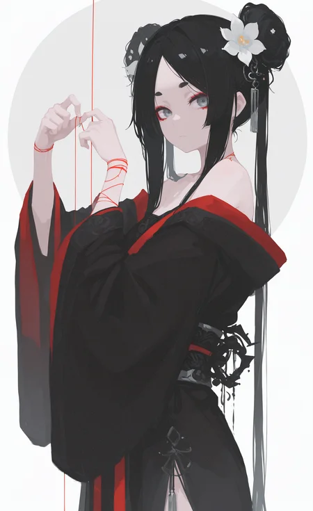 masterpiece,best quality,amazing quality, 1girl, solo, long hair, looking at viewer, delicate black hanfu, big eyes, Off-shoulder, clavicle, Red Eyeshadow, parted bangs, short eyebrows,thick eyebrows,black hair, long sleeves, hair ornament, white background, holding, ribbon, closed mouth, very long hair, twintails, flower, sidelocks, cowboy shot, hair flower, wide sleeves, grey background,off shoulder, hair bun, hands up, grey eyes, sash, double bun, expressionless, obi, white flower, string, circle, From Side, h4ra_illu, <lora:ponyv6_noobE11_2_adamW-000017:0.3> <lora:XXX667:0.5> <lora:96YOTTEA-WAI:0.5> <lora:hara_id_21:0.8>