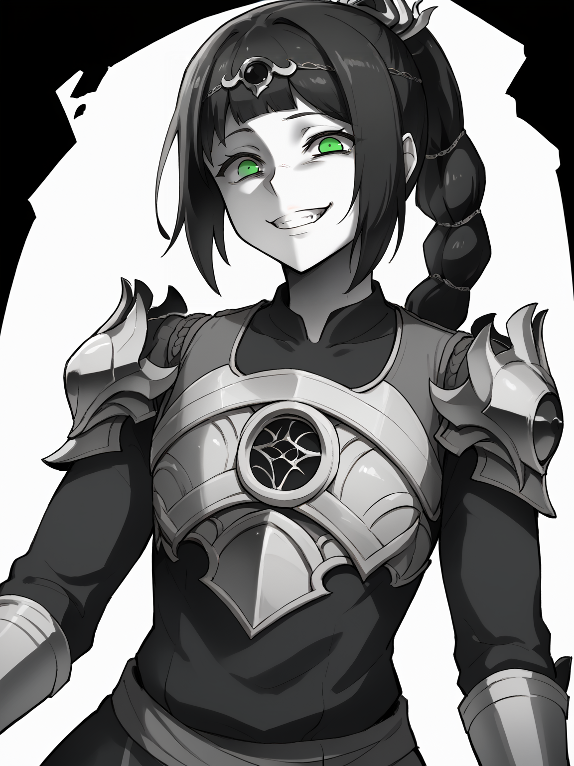 score_9, score_8_up, BREAK, source_anime,  monochrome, greyscale, ebiblue, gesugao, 1girl, shadowheart, black hair, braided ponytail, green eyes, circlet, (glowing eyes:0.5), armor, smile,  looking at viewer, solo, sketch, black background      <lora:ShadowHeartXL:1>   <lora:EbiblueXL:1>