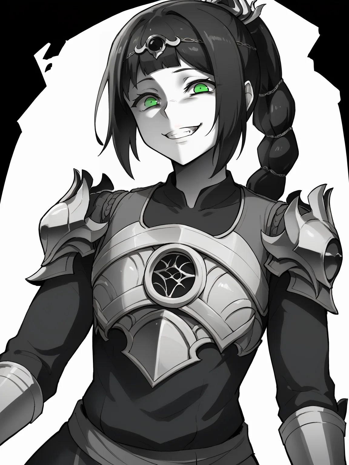 score_9, score_8_up, BREAK, source_anime, monochrome, greyscale, ebiblue, gesugao, 1girl, shadowheart, black hair, braided ponytail, green eyes, circlet, (glowing eyes:0.5), armor, smile, looking at viewer, solo, sketch, black background <lora:ShadowHeartXL:1> <lora:EbiblueXL:1>