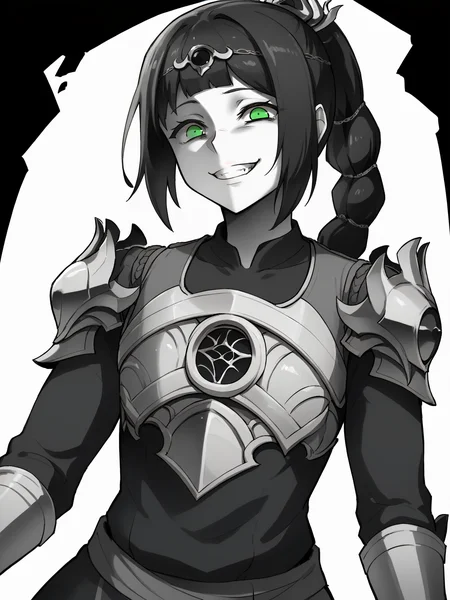 score_9, score_8_up, BREAK, source_anime, monochrome, greyscale, ebiblue, gesugao, 1girl, shadowheart, black hair, braided ponytail, green eyes, circlet, (glowing eyes:0.5), armor, smile, looking at viewer, solo, sketch, black background <lora:ShadowHeartXL:1> <lora:EbiblueXL:1>