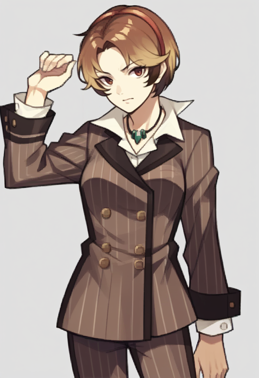 score_9, score_8_up, score_7_up, source_anime BREAK 1girl, solo,
<lora:zs_FEEchoesPortraitsXL:1> echoesportraits, cowboy shot,  solo, white background,
 <lora:zs_ReihoXL:1> reids, multicolored hair, brown hair, blonde tips, pinstripe suit, brown suit, pinstripe pants, white shirt,