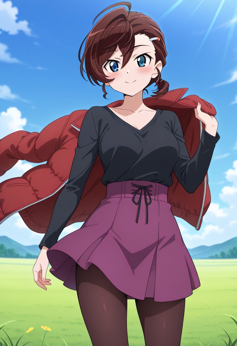 1girl,Inuyama Mana(GeGeGe no Kitarou),solo,blue sky,meadow,cowboy shot,(throw away unworn jacket in the air:1.5),crimson (Down jacket:1.4),(right Placket jacket:1.4),Joyous smile,(lavenderblush skirt:1.5),(high-waist:1.5) skirt,(Lace-up:1.2) skirt,blue eyes,1 hair tie,Ahoge,(wavy hair),(Brown:1.5) medium hair,swept bangs and (hair pulled back:1.2),(low ponytail),hair between eyes,(single hair intake:1.5),sideburns,(Loose high-neck:1.5) topwear,(black topwear),pantyhose,1 silver zipper,1 silver hairpin,masterpiece,best quality,amazing quality,perfect