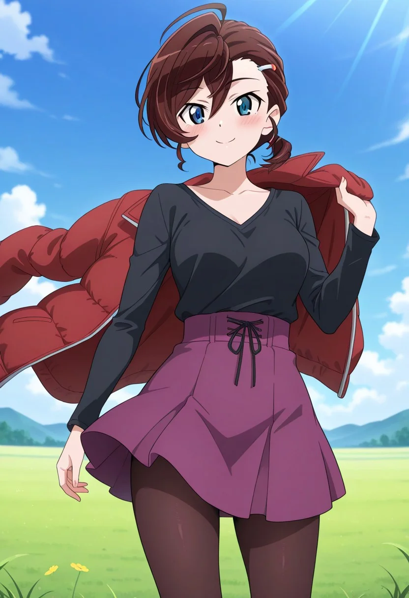 1girl,Inuyama Mana(GeGeGe no Kitarou),solo,blue sky,meadow,cowboy shot,(throw away unworn jacket in the air:1.5),crimson (Down jacket:1.4),(right Placket jacket:1.4),Joyous smile,(lavenderblush skirt:1.5),(high-waist:1.5) skirt,(Lace-up:1.2) skirt,blue eyes,1 hair tie,Ahoge,(wavy hair),(Brown:1.5) medium hair,swept bangs and (hair pulled back:1.2),(low ponytail),hair between eyes,(single hair intake:1.5),sideburns,(Loose high-neck:1.5) topwear,(black topwear),pantyhose,1 silver zipper,1 silver hairpin,masterpiece,best quality,amazing quality,perfect