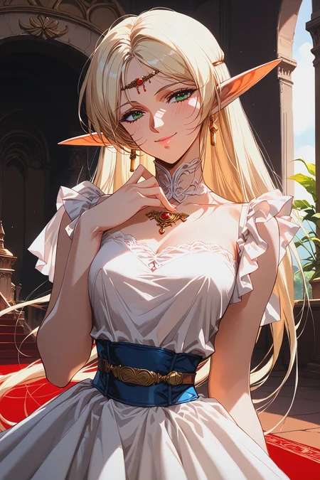 score_9, score_8, score_7, score_6_up, score_5_up,
deedlit, circlet, white dress, ball gown, updo, bare arms, short hair,
beautiful face, 24 years old,
smile, green eyes,
bangs,
record of lodoss war,
upper body,
palace, indoor, red carpet, medieval style dress, blue waist belt, open cest,
<lora:Degen_Deedlit_v1:0.55>, <lora:TOO_NobuteruYuuki_v3B_PonyXL:0.55>, <lora:PirotessXLpony001:0.3>, <lora:Urushihara Satoshi_XL_PONY_V2:0.4>, <lora:Sinozick_Style_XL_Pony:0.2>, <lora:DefaultZ17:0.2>, <lora:style1:0.2>, <lora:pixivtext2:0.2>,