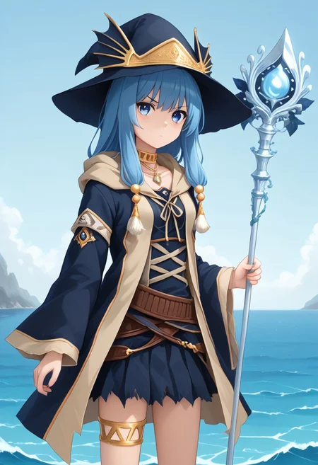 1girl, solo, arielerialritua, duel monster, blue hair, long hair, blue eyes, witch hat, pom pom \(clothes\), choker, necklace, hooded robe, wide sleeves, torn skirt, belt, thighlet, holding, staff, cowboy shot, sea, serious, dynamic pose, runemagic