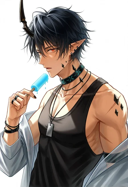 solo, looking at viewer, short hair, simple background, shirt, black hair, white background, 1boy, red eyes, holding, jewelry, bare shoulders, jacket, upper body, male focus, earrings, horns, food, choker, pointy ears, off shoulder, necklace, bracelet, orange eyes, muscular, black choker, white jacket, pectorals, ring, holding food, tank top, black nails, ear piercing, single horn, toned, popsicle, bishounen, toned male, black tank top, infection monitor \(arknights\), multiple rings, dog tags, oripathy lesion \(arknights\), melting, holding popsicle <lora:sanse_sssei_33:0.8>