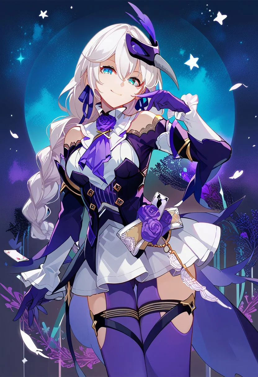 score_9, score_8_up, score_7_up, source_anime, good anatomy, vibrant colors, 1girl, solo, KallenRogueSixthSerenade, white hair, braided hair, blue eyes, hair between eyes, violet hair ribbon, violet ascot, violet roses, white collar, frilled collar, white undershirt, dark purple overshirt, golden buttons, bare shoulders, shoulder cutout, white sleeves, purple gloves, white skirt, miniskirt, purple pantyhose, thigh cutouts, cards, thigh straps, raven mask, purple feather, standing, official art, smiling, posing, contrapposto, starry sky background