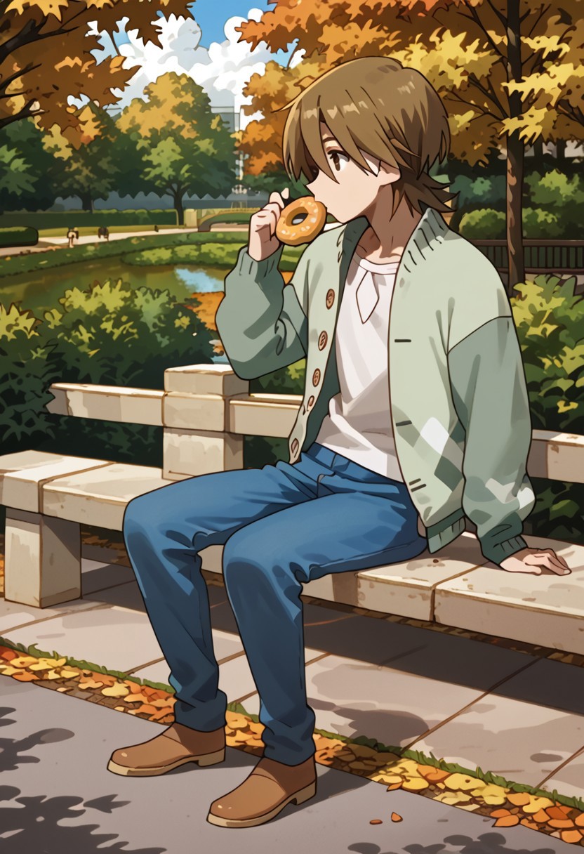 score_9, score_8_up, score_7_up, score_6_up, highly detailed,Good Colors, Good Shading, Good Eyes, Contrast Shading, male focus, slim, skinny, slim body, young man, correct anatomy, Yasaburo, 1boy, male_focus, brown hair, brown eyes, white shirt, blue pants, brown shoes, green jacket, park, , eating donut, autumn, side view