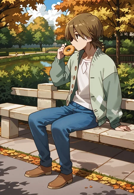score_9, score_8_up, score_7_up, score_6_up, highly detailed,Good Colors, Good Shading, Good Eyes, Contrast Shading, male focus, slim, skinny, slim body, young man, correct anatomy, Yasaburo, 1boy, male_focus, brown hair, brown eyes, white shirt, blue pants, brown shoes, green jacket, park, , eating donut, autumn, side view
