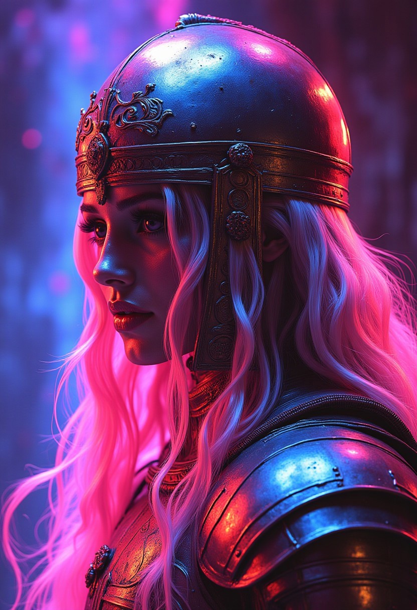 abstract neon ink image in vivid, surreal iridescent colours in a gradient, side portrait of female fantasy knight wearing a greek bronze age full-face helmet, long flowing blonde hair, bronze breastplate