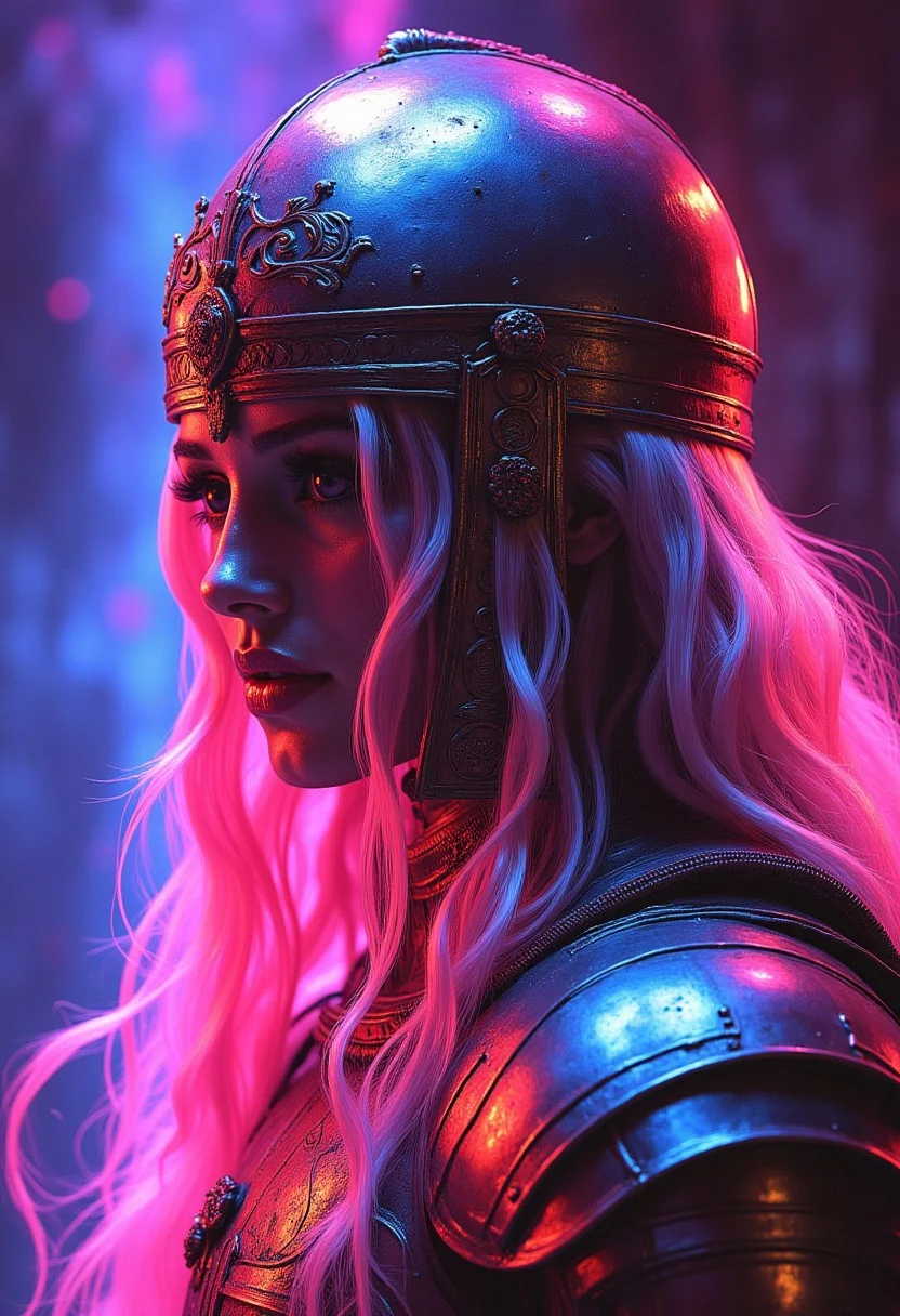 abstract neon ink image in vivid, surreal iridescent colours in a gradient, side portrait of female fantasy knight wearing a greek bronze age full-face helmet, long flowing blonde hair, bronze breastplate