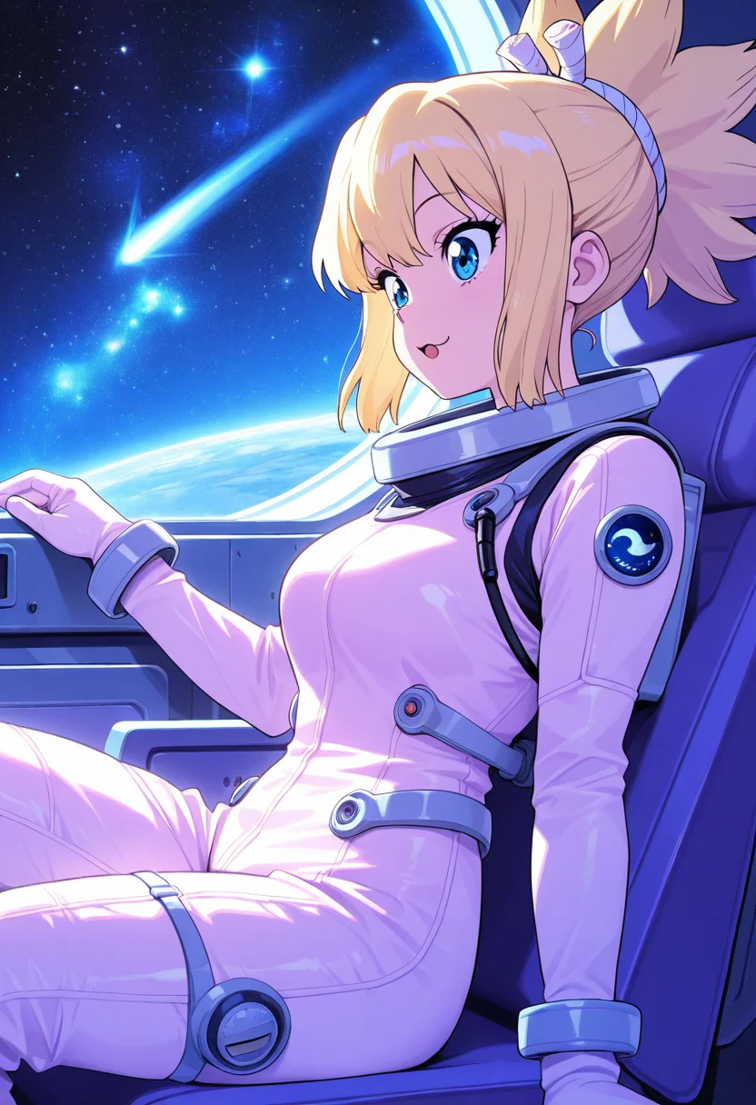 kohaku_(dr_stone), :3, ultra detailed, masterpiece, best quality, 1girl, solo, adult, indoors, space suit, sitting, seat, windows, futuristic vehicle, space, stars, galaxy, pastel colors, vintage, intricate detailed, finely detailed, amazing detail, from side, smile, :o, awe, shadows, dim lighting, cowboy shot,