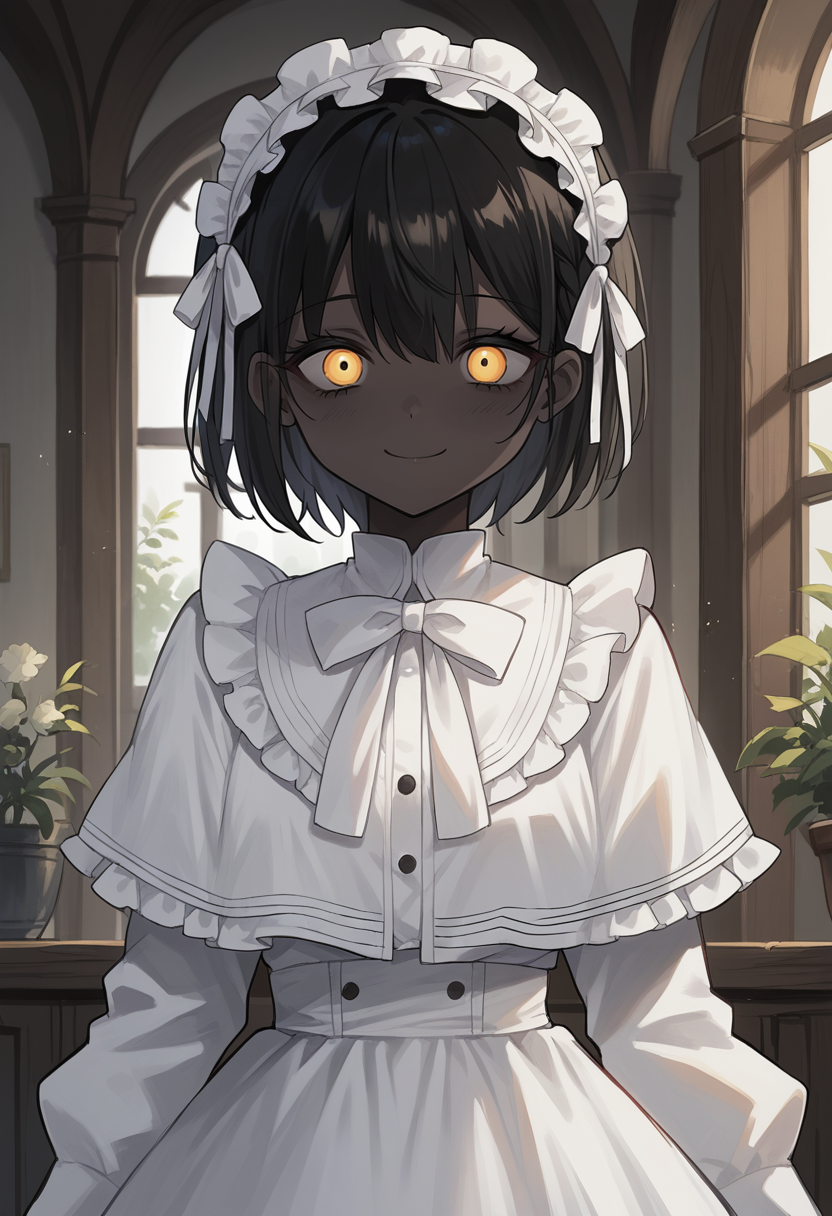 masterpiece, best quality, uncensored, source_anime, score_9, score_8_up, score_7_up, score_6_up, score_5_up, score_4_up, 1girl, solo, theprincess, dark-skinned female, very dark skin, black hair, short hair, yellow eyes, maid headdress, frilled hairband, white dress, long sleeves, capelet, white bow, smile <lora:ThePrincess:0.8>