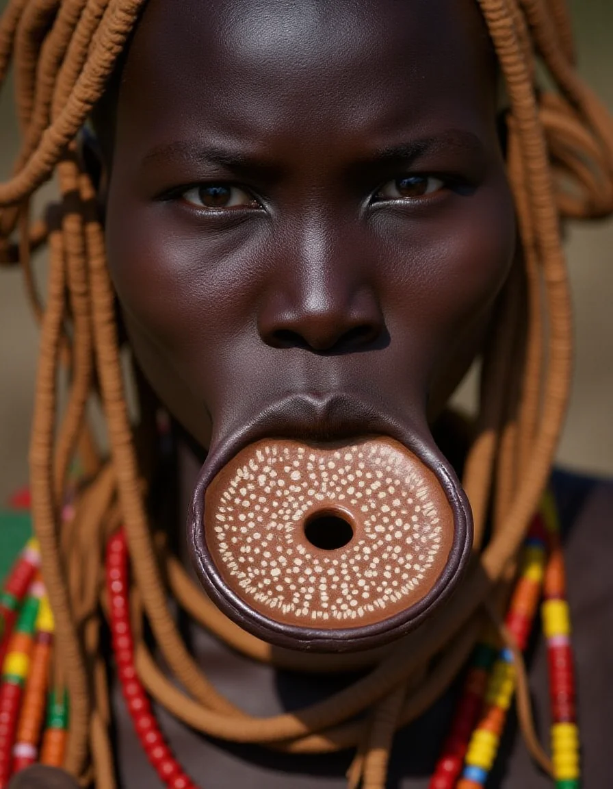a Murs1 woman, showcasing her distinct facial features and traditional adornments. Her skin is a rich, deep brown, with high, prominent cheekbones and a broad, flat nose, emphasizing her striking natural beauty. Her piercing gaze exudes strength and wisdom, a reflection of her cultural resilience. Her ears are adorned with intricately designed wooden or clay plugs, extending her earlobes in traditional style. Around her neck are multiple layers of carefully hand-strung, colorful beaded necklaces, each bead telling a story of heritage and identity. Her hair is styled in short, tight braids coated with organic mud and natural pigments in earthy ochre tones. The iconic large ceramic lip plate (dhebi a tugoin) accentuates her appearance, decorated with fine hand-painted patterns symbolizing Murs1 artistry. Every detail, from her facial features to her traditional jewelry, is rendered in highly realistic textures and vibrant detail, capturing the essence of her identity within the cultural context.
<lora:mursi:1>, beautiful light set up, dynamic range lighting, RAW candid cinema, 16mm, color graded portra 400 film, remarkable color, ultra realistic, textured skin, remarkable detailed pupils, realistic dull skin noise, visible skin detail, skin fuzz, dry skin, shot with cinematic camera