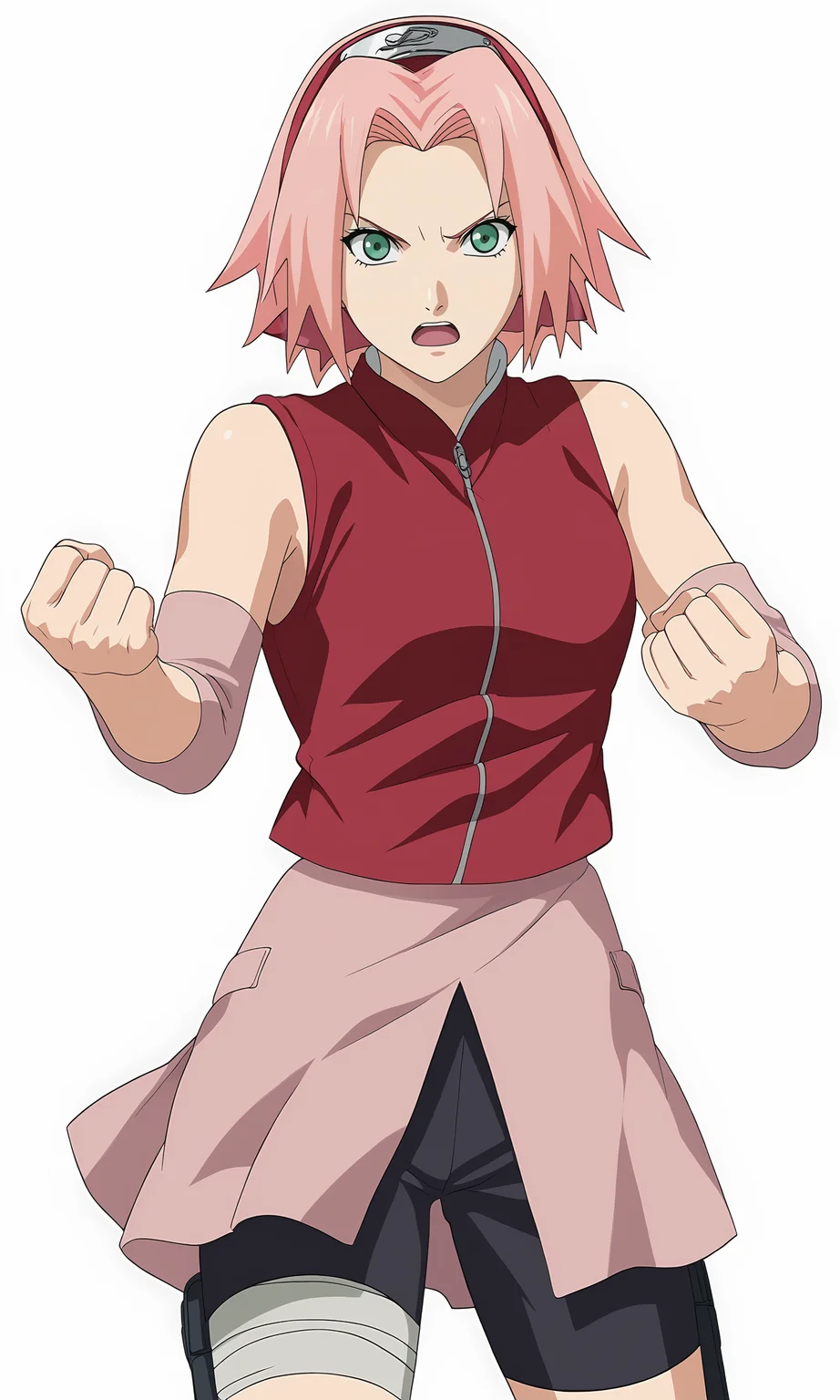 score_9, score_8_up, score_7_up, game cg,
clenched hands,
harunosakura, 1girl, pink hair, green eyes, short hair, black gloves, elbow pads, sleeveless shirt, looking at viewer, pink skirt, forehead protector, bandaged leg, black shorts, konohagakure symbol, red shirt, haruno sakura,
fighting stance,
serious, open mouth,
simple background, white background,
<lora:Sakura_PXL:1>