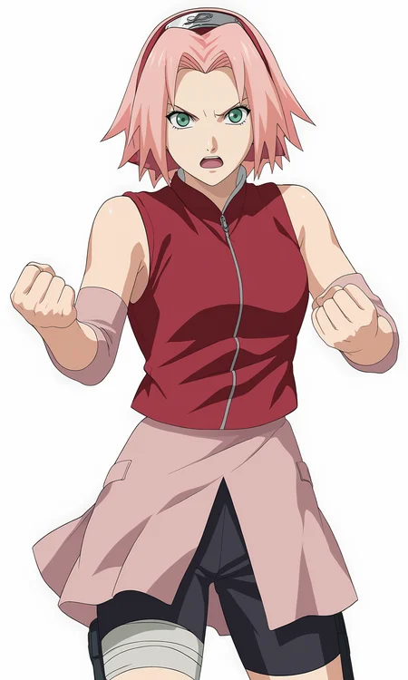 score_9, score_8_up, score_7_up, game cg,
clenched hands,
harunosakura, 1girl, pink hair, green eyes, short hair, black gloves, elbow pads, sleeveless shirt, looking at viewer, pink skirt, forehead protector, bandaged leg, black shorts, konohagakure symbol, red shirt, haruno sakura,
fighting stance,
serious, open mouth,
simple background, white background,
<lora:Sakura_PXL:1>