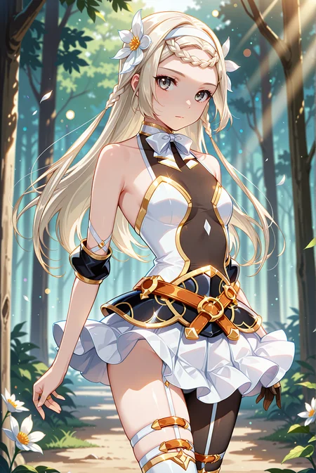 masterpiece, best quality, anime, 2d, 1girl, (anime screencap), (slender), (small breasts), solo, <lora:E7-Iseria-ILXL-V1:1> is3ria
BREAK (platinum blonde hair, long hair, braided bangs, hair flower, white flower, white hairband), outdoors, forest, <lora:RealisticAnimeIXL:0.5>, bokeh, luminescent background,
BREAK (white dress, see-through cleavage, see-through, gold trim, jewelry, black armor, white skirt, miniskirt, elbow sleeve, bowtie, white bow, white footwear, thighboots),
BREAK (thigh belt, thigh strap, single leg pantyhose, black pantyhose, belt, strapless, halterneck),
BREAK (looking at viewer, cowboy shot:1.4), (grey eyes, expressionless)