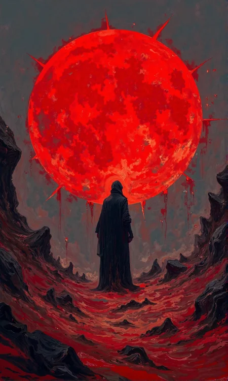Full shot of a digital artwork.Â 
A large, blood-red, almost glowing, circular object resembling a moon or sun dominates the middle-ground.Â Its surface appears textured, with streaks or brushstrokes of crimson radiating outward.Â 
Centering the scene is a tall, dark, shadowy figure, clad in a long, hooded cloak, facing the red celestial body. The figure stands out starklyÂ against the red moon and the dark, brooding landscape.Â 
The background is a mix of dark grey-blues and deep blacks, creating a sense of vastness and mystery.
The foreground displays a desolate, alien landscape. Rough, dark-grey or black rocks and jagged, low hills or structures are strewn across a reddish-brown or crimson-colored ground. The rocks appear to be worn and textured. The color scheme of the rocks and ground appears to be a blend of rust and charcoal gray.Â 
The overall color palette is largely mutedâdark, with the exception of the intense crimson of the large celestial body. The artistic style suggests digital painting or illustration, highlighting textures and details that provide depth and atmosphere. The image evokes a sense of desolation, mystery, and perhaps even an otherworldly or cosmic setting., <lora:FLUX-daubrez-DB4RZ-v2:1> DB4RZ, DB4RZ style painting