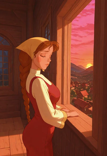 blue hour shot of  mature female,
<lora:spletni:1> spletniza, 1girl, braid, dress, solo, red dress, long hair, brown hair, outdoors, boots, single braid, blush stickers, upper body,  looking at viewer, closed eyes,  from above ,indoors, a pink sunset, rays of the sun, sad, looking away, tears in her eyes, standing near the window, village, from side, head scarf,
<lora:NOOB_vp1_detailer_by_volnovik_v1:1> <lora:DarkerThanBlackIllustrious:0.6>. Cool light, twilight, peaceful, moody