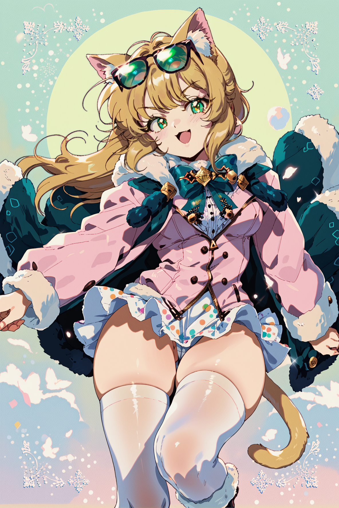 bluethebone, 1girl, solo, retro artstyle, animal ear fluff, animal ears, bangs pinned back, blonde hair, cat ears, cat tail, eyewear on head, fur-trimmed cape, fur-trimmed coat, fur-trimmed jacket, fur-trimmed legwear, fur-trimmed sleeves, fur collar, fur trim, green eyes, jacket, kemonomimi mode, long sleeves, open clothes, open mouth, pink jacket, polka dot, polka dot background, smile, striped, sunglasses, tail, thighhighs, white legwear <lora:Bluethebonebrite:1>