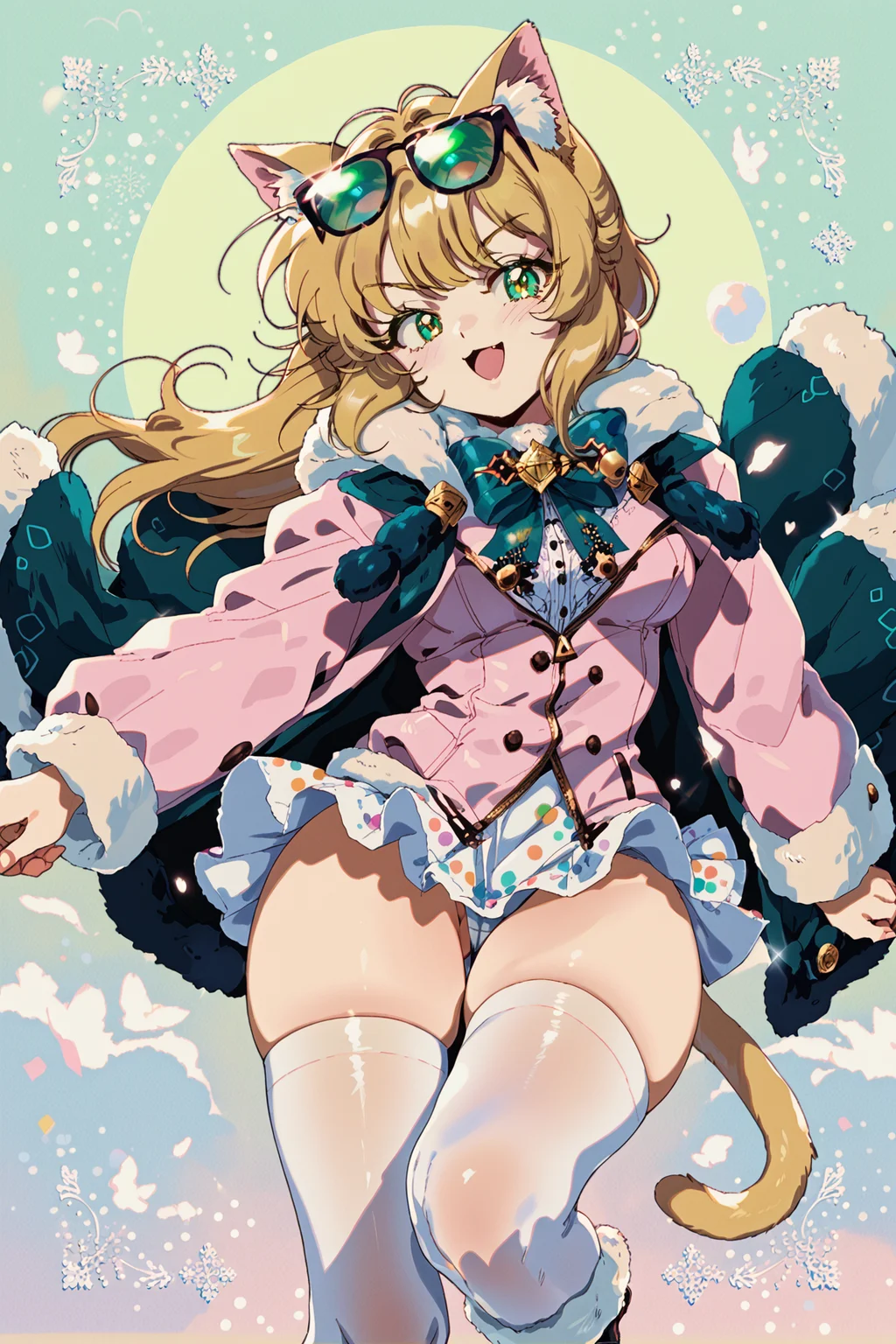 bluethebone, 1girl, solo, retro artstyle, animal ear fluff, animal ears, bangs pinned back, blonde hair, cat ears, cat tail, eyewear on head, fur-trimmed cape, fur-trimmed coat, fur-trimmed jacket, fur-trimmed legwear, fur-trimmed sleeves, fur collar, fur trim, green eyes, jacket, kemonomimi mode, long sleeves, open clothes, open mouth, pink jacket, polka dot, polka dot background, smile, striped, sunglasses, tail, thighhighs, white legwear <lora:Bluethebonebrite:1>