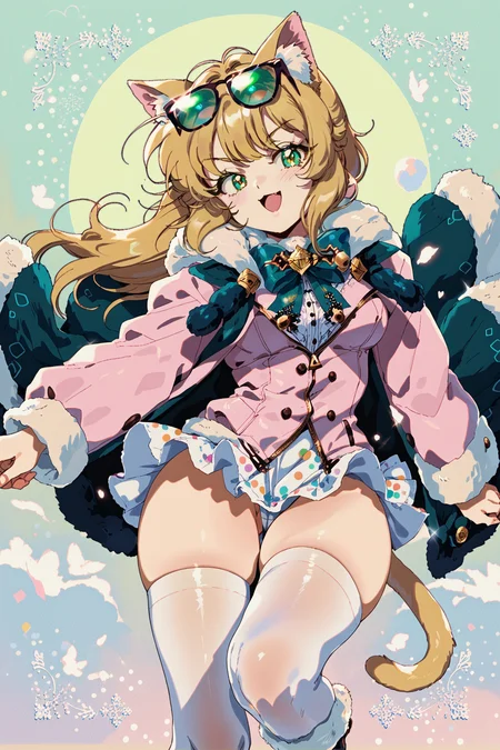 bluethebone, 1girl, solo, retro artstyle, animal ear fluff, animal ears, bangs pinned back, blonde hair, cat ears, cat tail, eyewear on head, fur-trimmed cape, fur-trimmed coat, fur-trimmed jacket, fur-trimmed legwear, fur-trimmed sleeves, fur collar, fur trim, green eyes, jacket, kemonomimi mode, long sleeves, open clothes, open mouth, pink jacket, polka dot, polka dot background, smile, striped, sunglasses, tail, thighhighs, white legwear <lora:Bluethebonebrite:1>