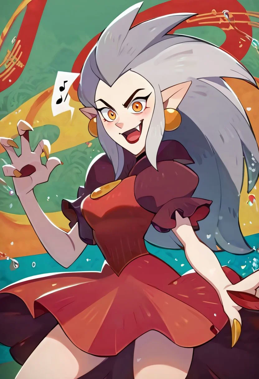 score_9, score_8_up, score_7_up, source_anime, dress, older woman, eda clawthorne, fang, the owl house, red dress AFKJourneyXLP, musical note, epic pose, bright pupils, particles around, splash art, looking at viewer, cowboy shot, dynamic pose, wide shot, solo, dutch angle, detailed background,