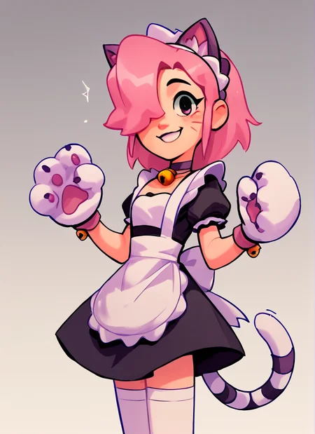 score_9, score_8_up, score_7_up , <lora:pawlette:1> 1girl, human , pawlette ,animal ears, cat tail , pink hair, hair over one eye, maid headdress, bracelet ,necklace, neck bell, maid, short dress, White Stockings , paw gloves,solo , smile , <lora:SyrupyyyArt:1>syrupyyy