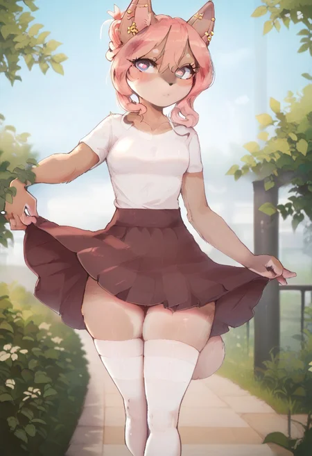 score_9, score_8_up, score_7_up, score_6_up, PRSNL,A beautiful park, a bench, a beautiful sunset behind, a beautiful pink sunset,snstsplndrCE style,  Hazel Typh, 1girl, best quality, furry, brown fur, pink hair, animal ears, gold piercing, heart-shaped pupils,Closed chest, animal nose, pink eyes, hair bun, white thighhighs, stripped thighhighs, Raised skirt, Stands at full height,