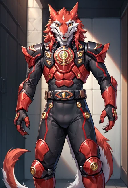 score_9, score_8, score_7, (source_furry, anthro, sergal),
gmrider, black bodysuit, red armor, black armor