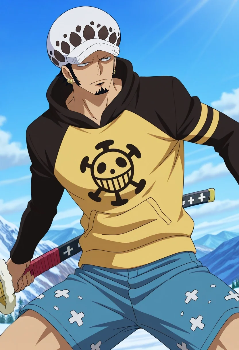 masterpiece, best quality, intricate details, anime screencap, anime coloring, official style, , 1boy, solo, male focus, <lora:law_trafalgar_ilxl:0.94>, law_trafalgar, black hair, black eyes, short hair, facial hair, sideburns, long sideburns, goatee, hat, , post timeskip, weapon, sword, sheathed, holding weapon, focused, mountaintop city, light, (dynamic pose:1.2), squinting, Broderie anglaise Marble Bermuda shorts, DustyRose Damask Fair Isle Raglan shirt, , Ski mask,