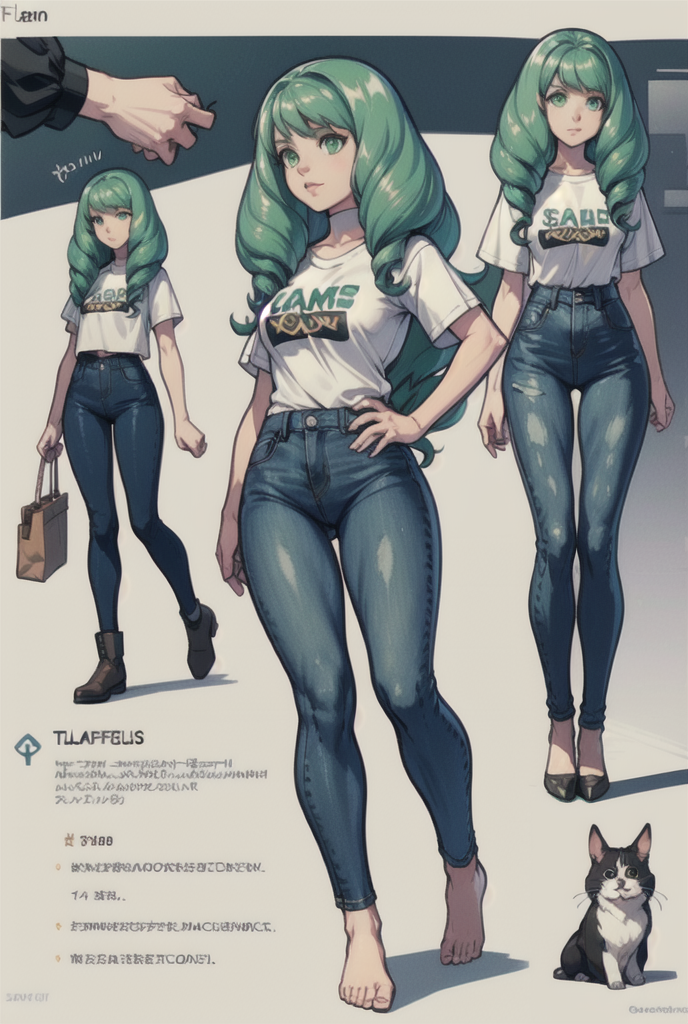 flayn, <lora:flayn-nvwls-v1-final:1>, full body shot, feet, high waisted jeans, t-shirt